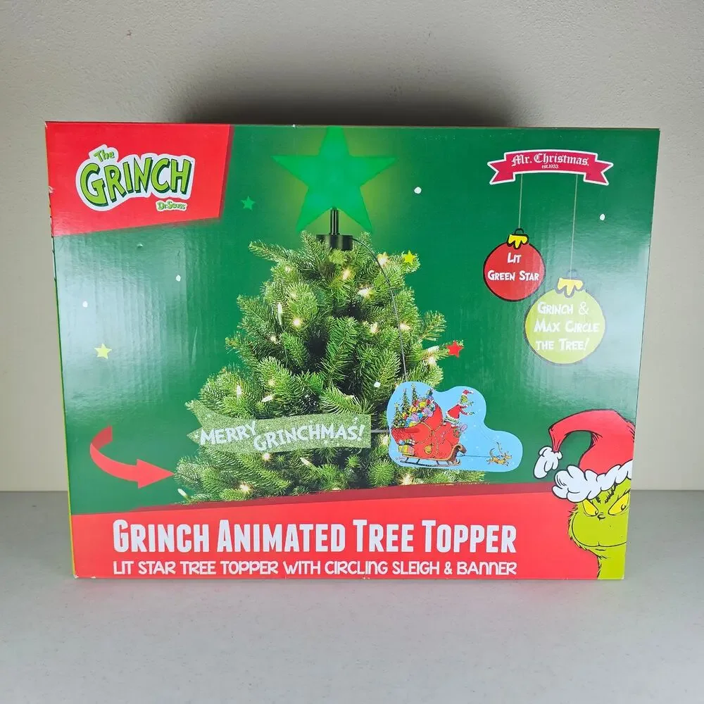 NEW!! Mr. Christmas Animated Dr.‎ Seuss Grinch Sleigh Tree Topper with LED Star